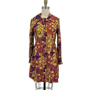 VTG Joseph Magnin Mod Mini Dress Womens 11 Long Sleeve Floral Large Collar